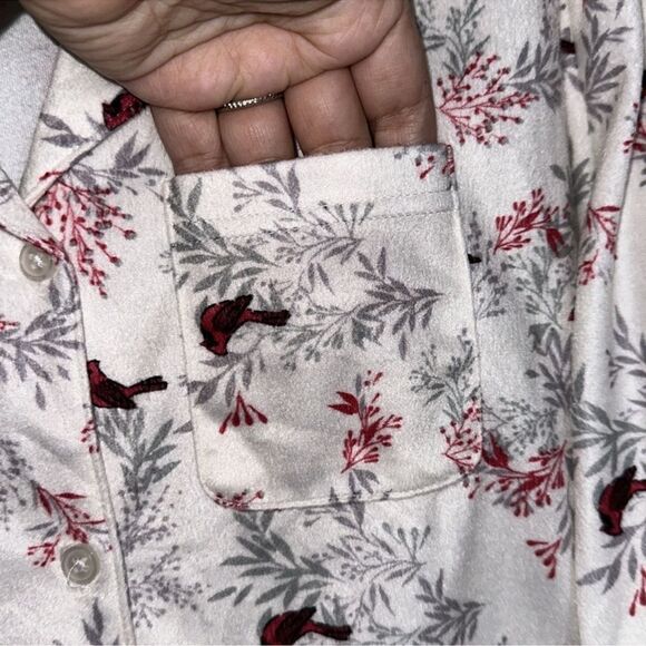 Adonna MT White Red Gray Winter Bird Print Fleece Long Sleeve Top Pants PJ Set - Picture 8 of 10